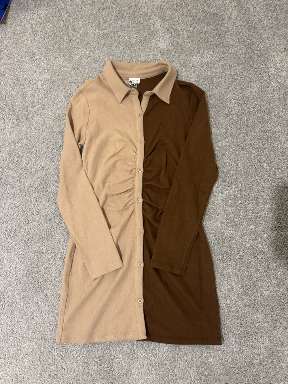 Le Lis Two-Tone Button Dress in Beige and Brown